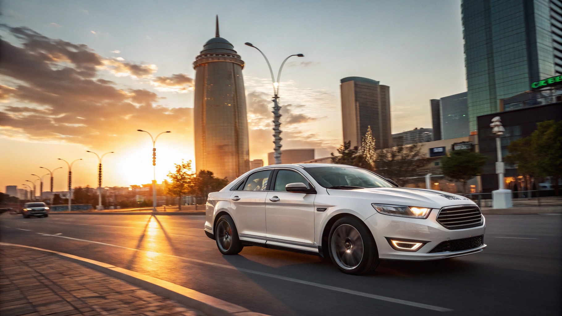 Ford Taurus 2025 blanc perle dans un paysage urbain djiboutien