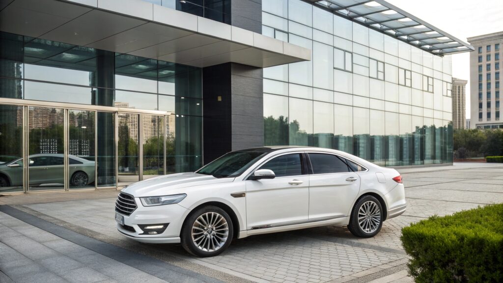 Ford Taurus 2025 stationné devant un bâtiment moderne à Djibouti