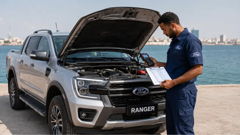Checklist achat Ford d'occasion : technicien Ford Djibouti inspectant un Ford Ranger avec diagnostic professionnel