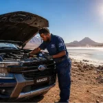 Technicien Ford réalisant l'entretien climatisation Ford Ranger sous la chaleur extrême de Djibouti