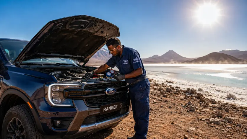 Technicien Ford réalisant l'entretien climatisation Ford Ranger sous la chaleur extrême de Djibouti