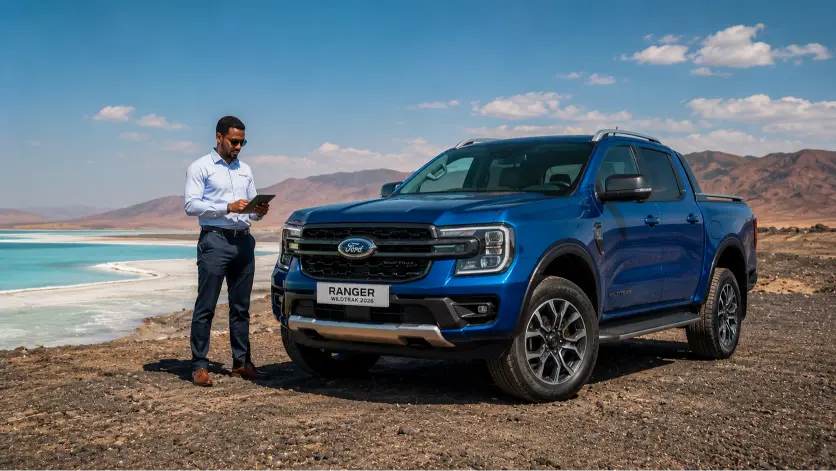 Prix Ford neuf à Djibouti 2026 — Ford Ranger Wildtrak au bord du Lac Assal avec professionnel djiboutien