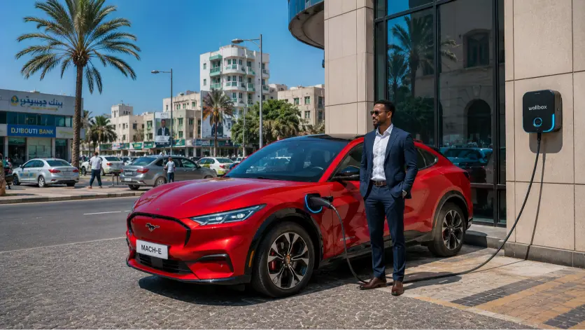 Véhicules électriques Ford à Djibouti — Ford Mustang Mach-E au Lac Assal avec professionnel djiboutien et borne de recharge