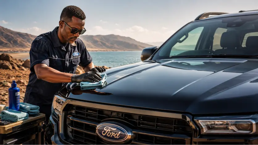 protection carrosserie Ford de chaleur — technicien appliquant un traitement céramique sur un Ford Ranger à Djibouti