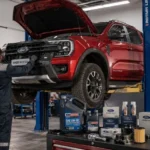 Révision Ford garantie à Djibouti — technicien certifié ACRIES réalisant l'entretien officiel d'un Ford Ranger dans l'atelier Ford de Djibouti