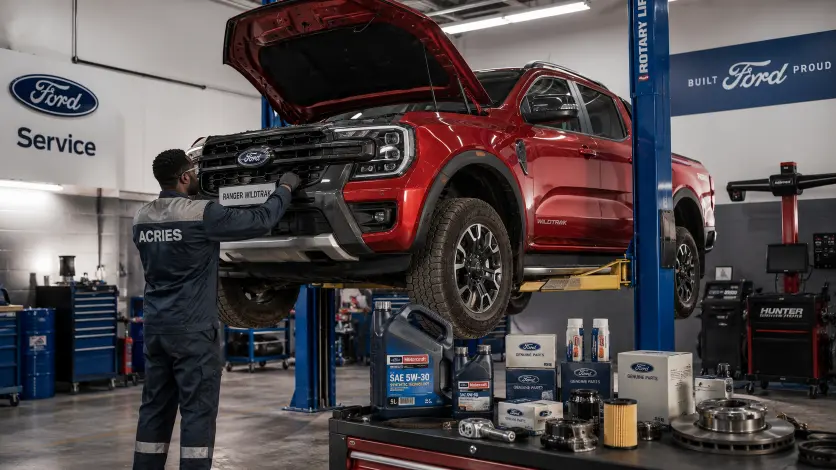 Révision Ford garantie à Djibouti — technicien certifié ACRIES réalisant l'entretien officiel d'un Ford Ranger dans l'atelier Ford de Djibouti