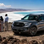 Ford Explorer 2026 à Djibouti — SUV premium Ford sur les hauteurs du Lac Assal avec paysage volcanique djiboutien