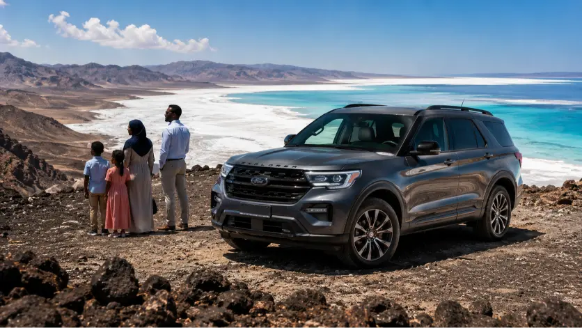 Ford Explorer 2026 à Djibouti — SUV premium Ford sur les hauteurs du Lac Assal avec paysage volcanique djiboutien