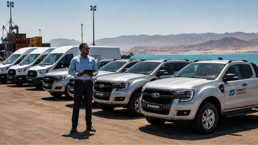 Solutions de flotte Ford pour entreprises à Djibouti — Fleet de Ford Ranger et Ford Transit alignés avec gestionnaire de parc djiboutien