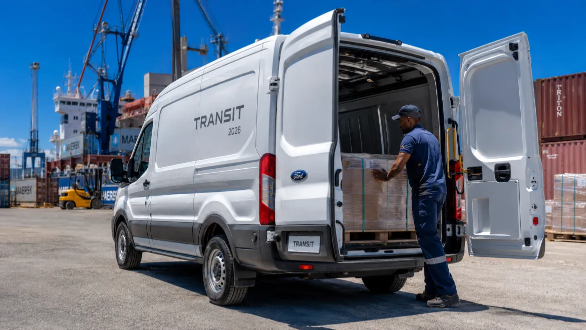 Ford Transit utilitaire Djibouti 2026 — fourgon professionnel en chargement au port de Djibouti