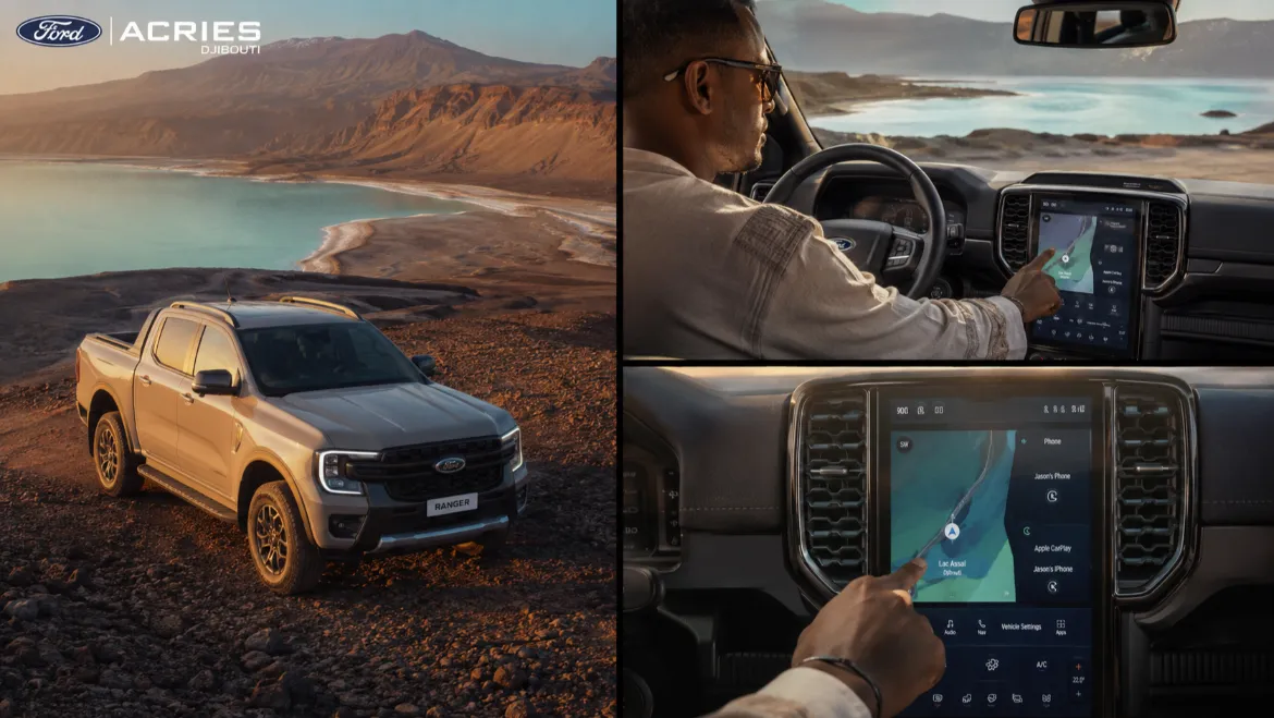 Ford SYNC 4 guide utilisation — écran tactile embarqué dans un Ford Ranger au bord du Lac Assal à Djibouti