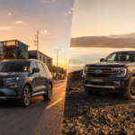 Ford Territory vs Ford Everest côte à côte à Djibouti, comparatif SUV Ford en paysage urbain et volcanique