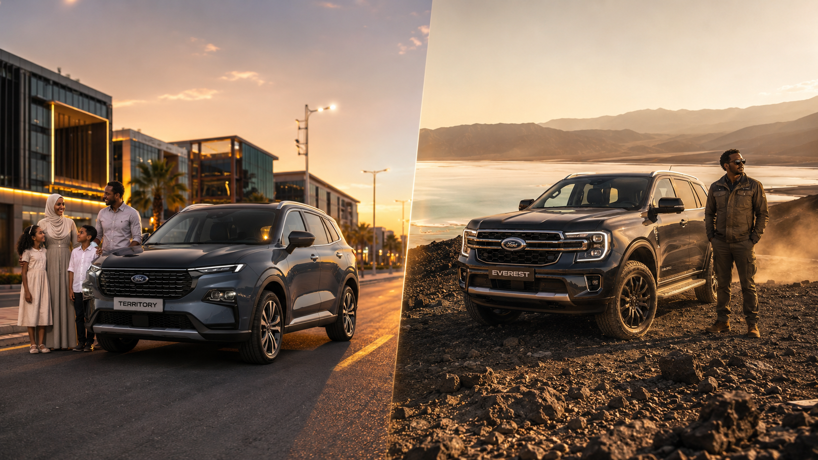 Ford Territory vs Ford Everest côte à côte à Djibouti, comparatif SUV Ford en paysage urbain et volcanique