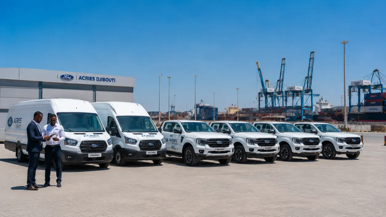 Remise flotte Ford Djibouti — parc de véhicules Ford Ranger et Transit alignés pour une entreprise professionnelle djiboutienne