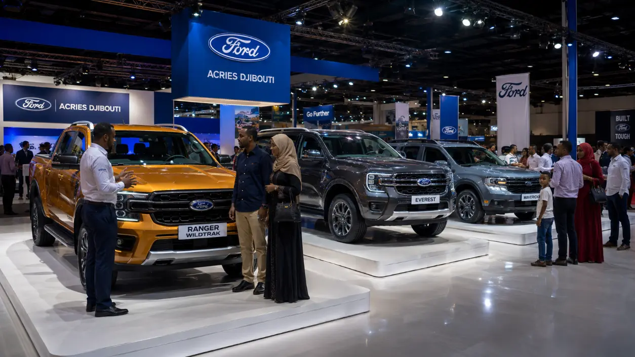 Salon auto Djibouti Ford 2025 — stand Ford avec Ranger, Everest et Maverick exposés au salon de l'automobile de Djibouti-ville