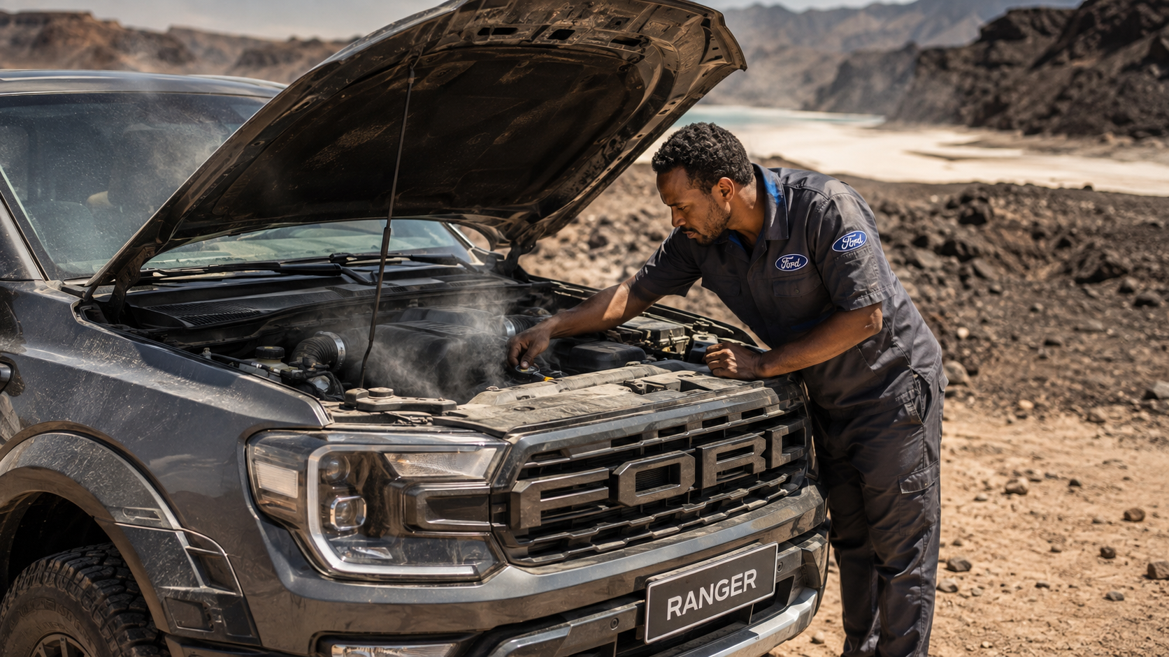 Surchauffe moteur Ford : technicien inspectant le circuit de refroidissement sous la chaleur extrême de Djibouti