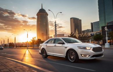 Ford Taurus 2025 blanc perle dans un paysage urbain djiboutien