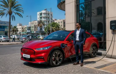 Véhicules électriques Ford à Djibouti — Ford Mustang Mach-E au Lac Assal avec professionnel djiboutien et borne de recharge