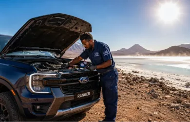 Technicien Ford réalisant l'entretien climatisation Ford Ranger sous la chaleur extrême de Djibouti