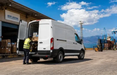 Ford Transit utilitaire à Djibouti — fourgon professionnel Ford en zone portuaire avec vue sur le Golfe de Tadjourah