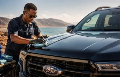 protection carrosserie Ford de chaleur — technicien appliquant un traitement céramique sur un Ford Ranger à Djibouti