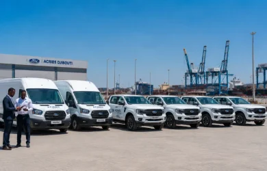 Remise flotte Ford Djibouti — parc de véhicules Ford Ranger et Transit alignés pour une entreprise professionnelle djiboutienne