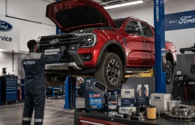 Révision Ford garantie à Djibouti — technicien certifié ACRIES réalisant l'entretien officiel d'un Ford Ranger dans l'atelier Ford de Djibouti