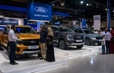 Salon auto Djibouti Ford 2025 — stand Ford avec Ranger, Everest et Maverick exposés au salon de l'automobile de Djibouti-ville
