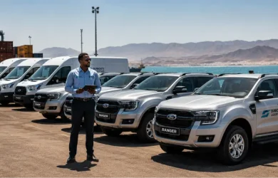 Solutions de flotte Ford pour entreprises à Djibouti — Fleet de Ford Ranger et Ford Transit alignés avec gestionnaire de parc djiboutien